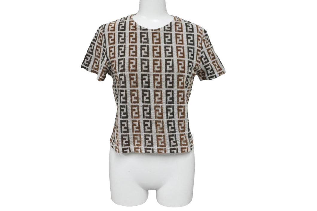 極美品 FENDI フェンディ 半袖Ｔシャツ サイズ42 ズッカ総柄 D-OS-9300DW コットン ナイロン ブラウン グレー 中古 62534 
