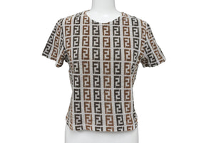 極美品 FENDI フェンディ 半袖Ｔシャツ サイズ42 ズッカ総柄 D-OS-9300DW コットン ナイロン ブラウン グレー 中古 62534 