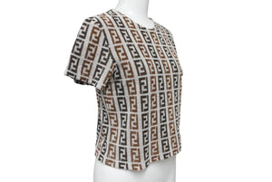 極美品 FENDI フェンディ 半袖Ｔシャツ サイズ42 ズッカ総柄 D-OS-9300DW コットン ナイロン ブラウン グレー 中古 62534 