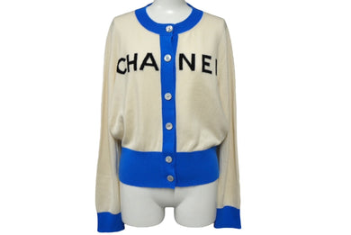 CHANEL シャネル ロゴ ニット カーディガン 19SS P61427K46799 カシミヤ ホワイト ブルー サイズ42 美品 中古 62538