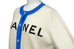 CHANEL シャネル ロゴ ニット カーディガン 19SS P61427K46799 カシミヤ ホワイト ブルー サイズ42 美品 中古 62538