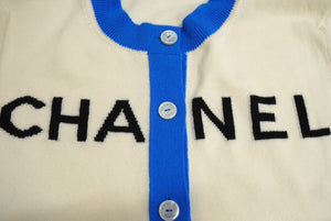 CHANEL シャネル ロゴ ニット カーディガン 19SS P61427K46799 カシミヤ ホワイト ブルー サイズ42 美品 中古 62538