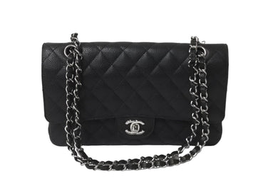 極美品 CHANEL シャネル Wフラップ 25 ショルダーバッグ キャビアスキン ランダム マトラッセ シルバー金具 ブラック 中古 62674