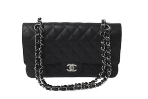 極美品 CHANEL シャネル Wフラップ 25 ショルダーバッグ キャビアスキン ランダム マトラッセ シルバー金具 ブラック 中古 62674