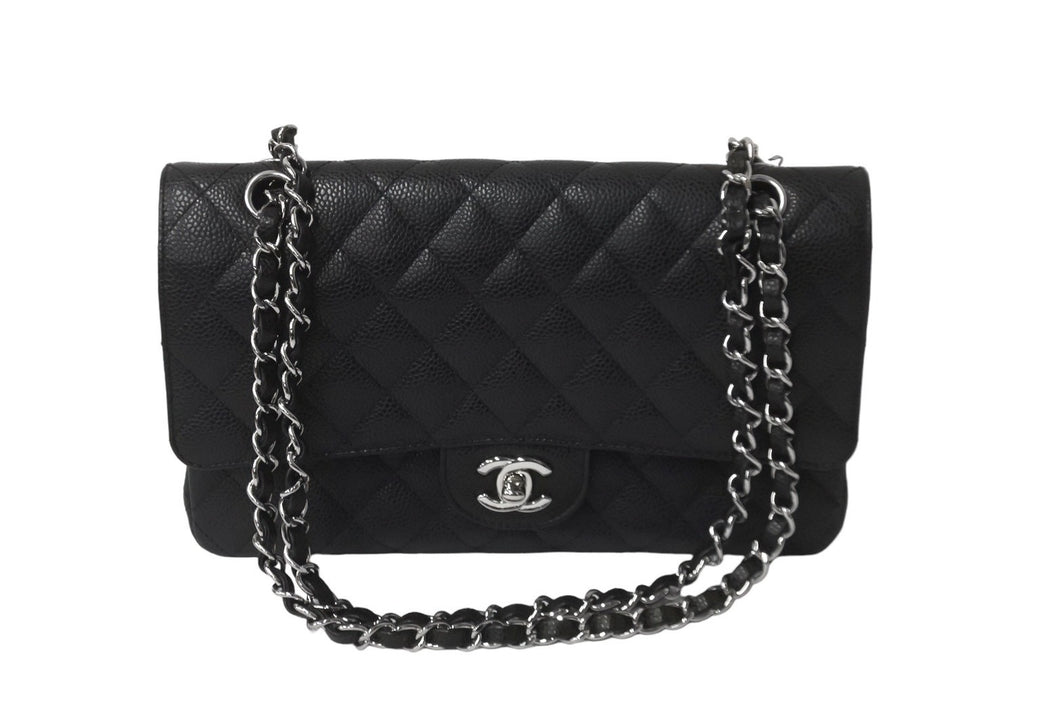 極美品 CHANEL シャネル Wフラップ 25 ショルダーバッグ キャビアスキン ランダム マトラッセ シルバー金具 ブラック 中古 62674