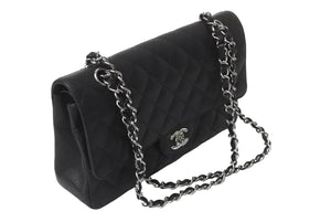 極美品 CHANEL シャネル Wフラップ 25 ショルダーバッグ キャビアスキン ランダム マトラッセ シルバー金具 ブラック 中古 62674