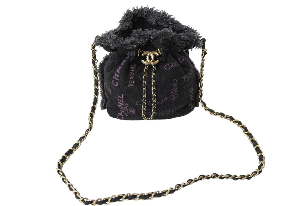極美品 CHANEL シャネル 巾着ミニ チェーンショルダーバッグ ランダム デニム ブラックパープル ゴールド金具 中古 62698