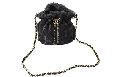 極美品 CHANEL シャネル 巾着ミニ チェーンショルダーバッグ ランダム デニム ブラックパープル ゴールド金具 中古 62698