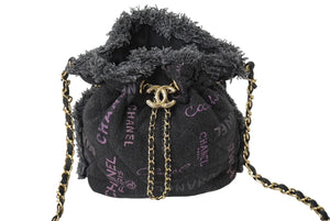 極美品 CHANEL シャネル 巾着ミニ チェーンショルダーバッグ ランダム デニム ブラックパープル ゴールド金具 中古 62698