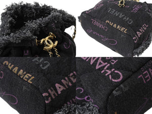 極美品 CHANEL シャネル 巾着ミニ チェーンショルダーバッグ ランダム デニム ブラックパープル ゴールド金具 中古 62698