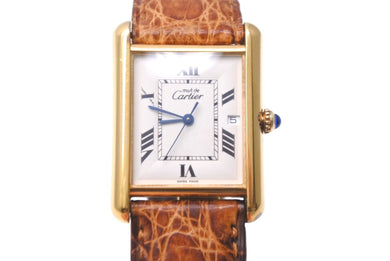 CARTIER カルティエ 時計 マストタンク Ref.2413 クォーツ ヴェルメイユ レザーベルト QZ 白文字盤 ゴールド金具 美品 中古 62716