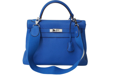 極美品 HERMES エルメス ケリー32 内縫い ミコノス ブルー ◻︎O刻印 トリヨンクレマンス シルバー金具 ハンドバッグ 中古 62733