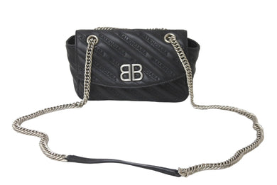 BALENCIAGA バレンシアガ Wチェーンショルダーバッグ 501684 BBラウンド ロゴ刺繍 キルティング レザー ブラック 美品 中古 62824