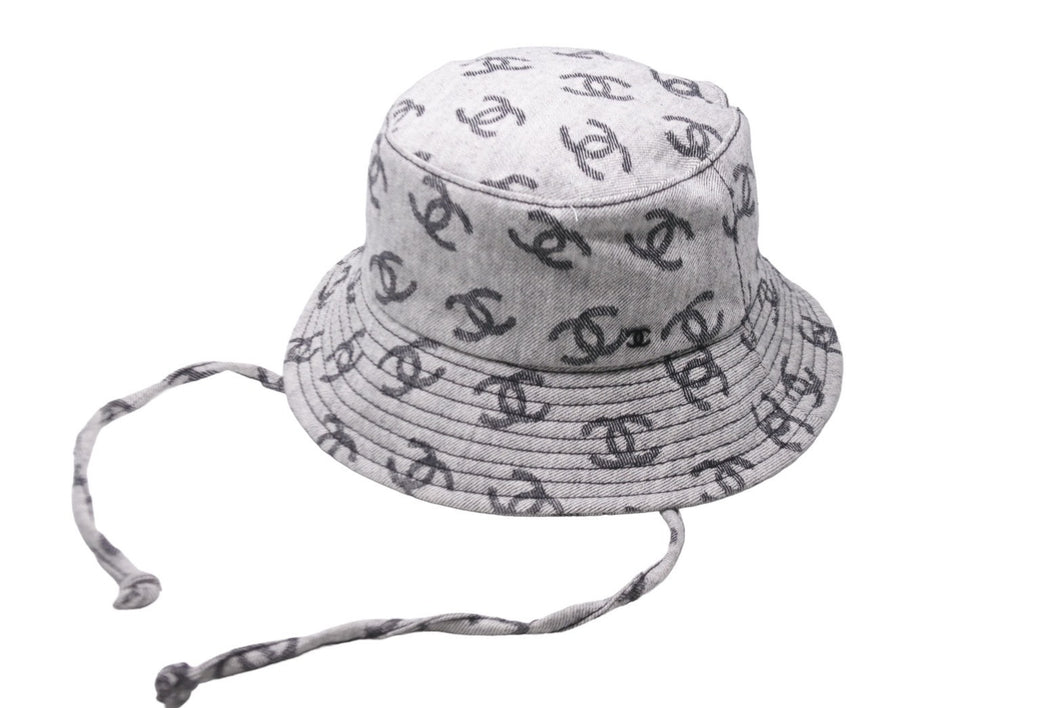 極美品 CHANEL シャネル バケットハット ココマーク総柄 コットン グレー ブラック サイズM 中古 62828