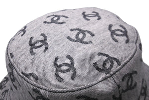 極美品 CHANEL シャネル バケットハット ココマーク総柄 コットン グレー ブラック サイズM 中古 62828