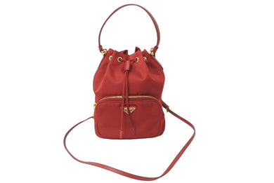 極美品 PRADA プラダ ハンドバッグ 2WAY トライアングルロゴ ナイロン ネレッド巾着 1BH038 中古 62931 