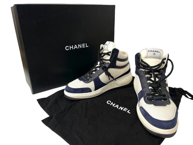 CHANEL シャネル ファブリック レザー ハイカットスニーカー サイズ41 G38804 Y55747 K3966 ホワイト ネイビー 良品 中古 62953