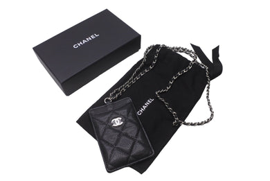 新品未使用品 CHANEL シャネル キャビアスキン カードケース チェーン付き ココマーク ブラック シルバー金具 黒 30番台 中古 62976