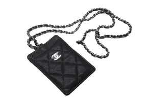 新品未使用品 CHANEL シャネル キャビアスキン カードケース チェーン付き ココマーク ブラック シルバー金具 黒 30番台 中古 62976