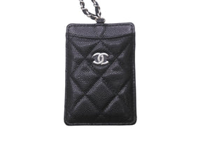 新品未使用品 CHANEL シャネル キャビアスキン カードケース チェーン付き ココマーク ブラック シルバー金具 黒 30番台 中古 62976