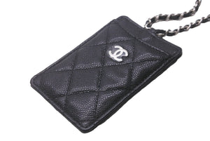 新品未使用品 CHANEL シャネル キャビアスキン カードケース チェーン付き ココマーク ブラック シルバー金具 黒 30番台 中古 62976