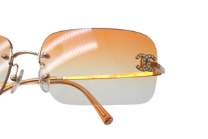 極美品 CHANEL シャネル ラインストーン ココマーク サングラス オレンジ アイウェア ロゴ リムレス 62□17 4017-D 中古 63021