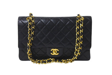 極美品 CHANEL シャネル チェーンショルダーバッグ Wフラップ マトラッセ25 ラムスキン 1番台 ブラック ゴールド金具 中古 63106