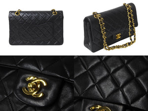 極美品 CHANEL シャネル チェーンショルダーバッグ Wフラップ マトラッセ25 ラムスキン 1番台 ブラック ゴールド金具 中古 63106