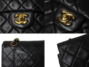 CHANEL シャネル Wフラップ マトラッセ チェーン ショルダーバッグ 23cm 2番台 ラムスキン ブラック ゴールド金具 美品 中古 63126