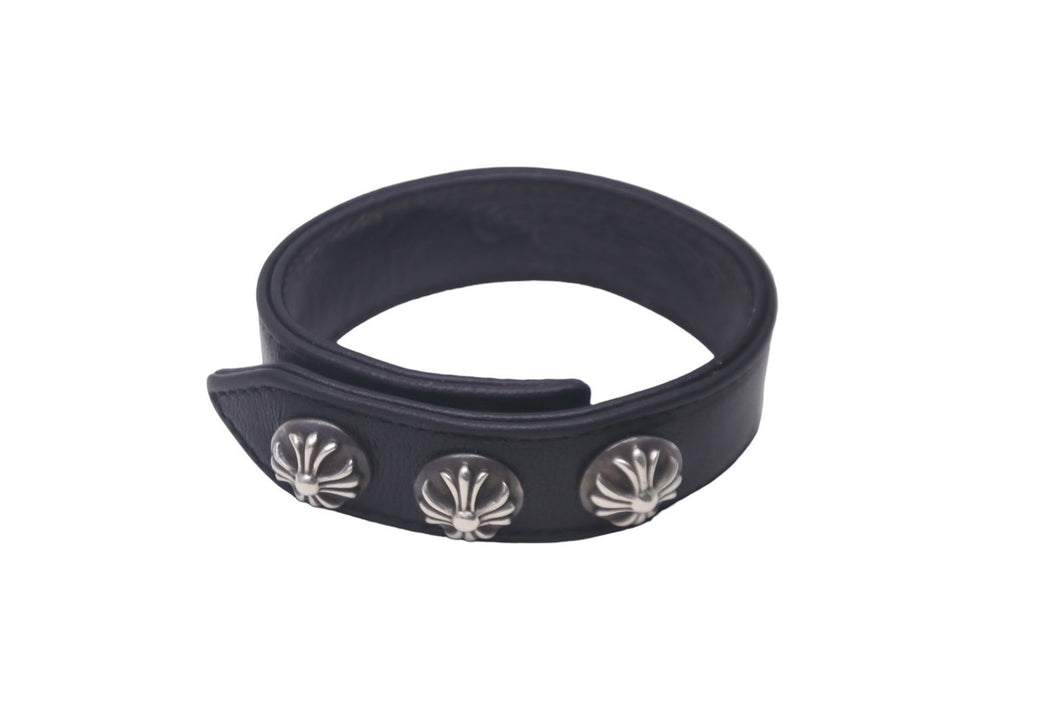 CHROME HEARTS クロムハーツ ブレスレット クロス 3BTN/2SNP 3ボタン2スナップ ブラック レザー シルバー925 美品 中古 63140