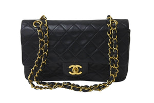 CHANEL シャネル Wフラップ マトラッセ チェーン ショルダーバッグ 23cm 4番台 ラムスキン ブラック ゴールド金具 美品 中古 63468