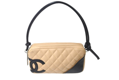 CHANEL シャネル ポーチ ハンドバッグ カンボンライン ココマーク 8番台 ラムスキン ベージュ ブラック 美品 中古 63476