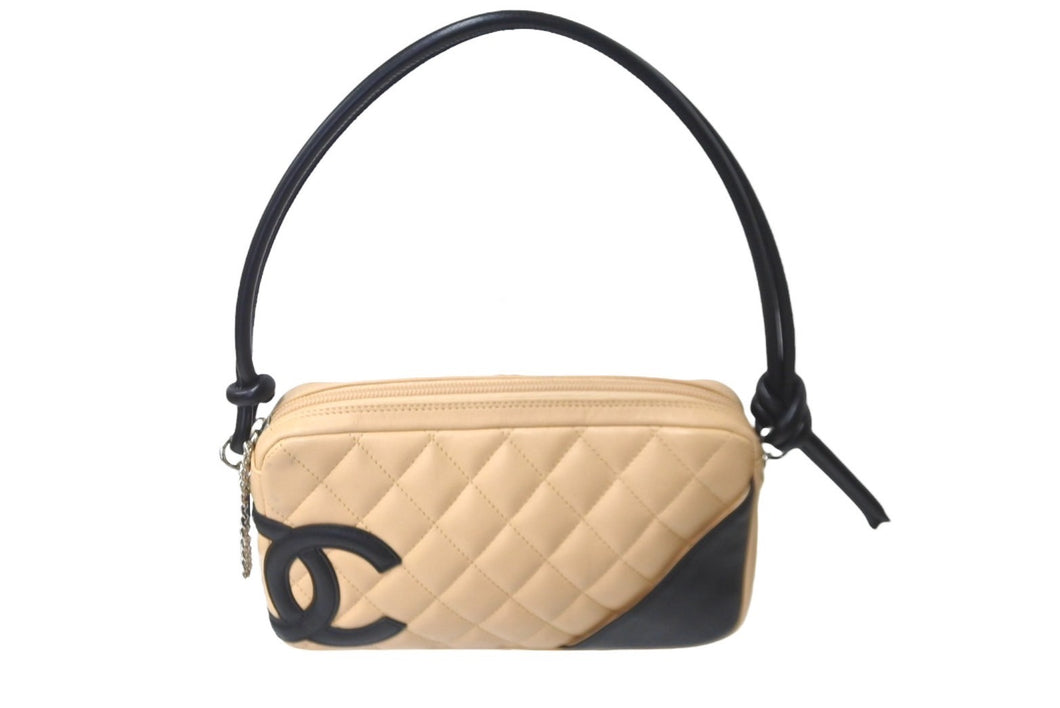 CHANEL シャネル ポーチ ハンドバッグ カンボンライン ココマーク 8番台 ラムスキン ベージュ ブラック 美品 中古 63476