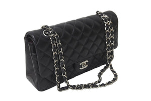 極美品 CHANEL マトラッセWフラップチェーンショルダー 23番台 25cm ショルダーバッグ ブラック シルバー金具 ラムスキン 中古 63486