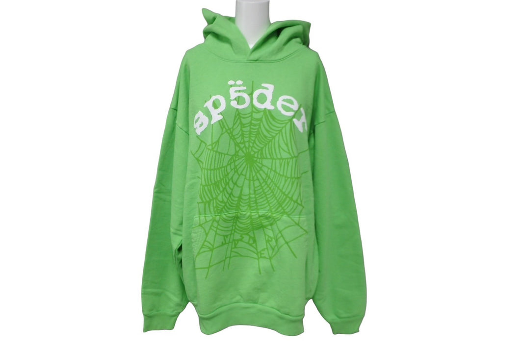 新品未使用 Sp5der スパイダー パーカー フーディー Young Thug プルオーバー ウェブ サイズL グリーン 発泡プリント 中古 63570