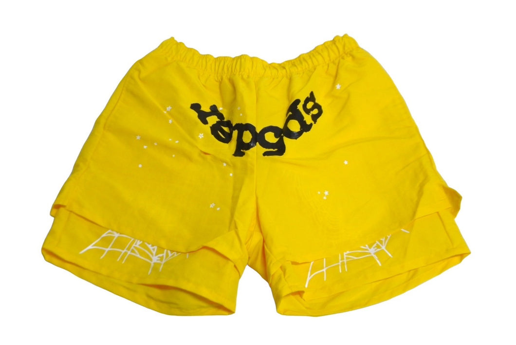 Sp5der スパイダー ダブルレイヤード プリント ショートパンツ イエロー ナイロン クモ 蜘蛛 ナイロン サイズL 美品 中古 63571