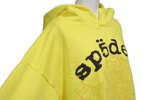極美品 Sp5der スパイダー パーカー フーディー Young Thug プルオーバー ウェブ サイズL イエロー 発泡プリント ロゴ 中古 63572