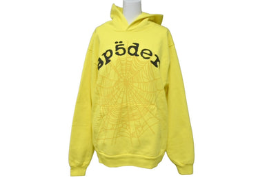 Sp5der スパイダー パーカー フーディー Young Thug プルオーバー ウェブ サイズS イエロー 発泡プリント ロゴ 美品 中古 63574