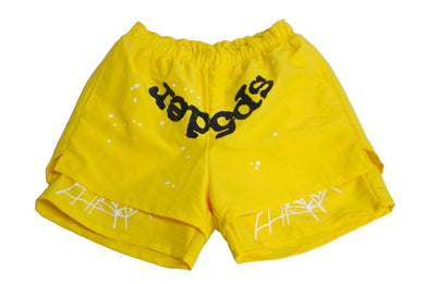 極美品 Sp5der スパイダー ダブルレイヤード プリント ショートパンツ イエロー ナイロン クモ 蜘蛛 ナイロン サイズM 中古 63576