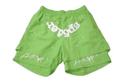 極美品 Sp5der スパイダー ダブルレイヤード プリント ショートパンツ グリーン ナイロン クモ 蜘蛛 サイズL 中古 63578