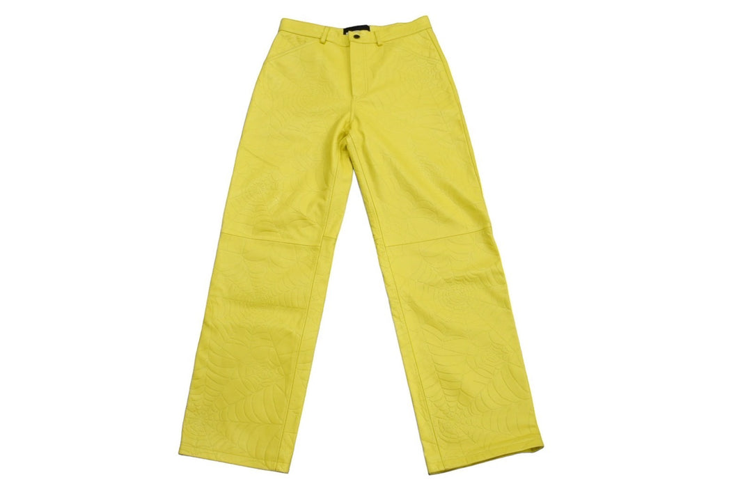 Sp5der スパイダー デボスウェブ レザーパンツ 24SS サイズ32 イエロー Young Thug 革 エンボス加工 美品 中古 63585