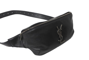YVES SAINT LAURENT イヴサンローラン ウエストバッグ ボディバッグ ラムスキン メタル ブラック シルバー金具 美品 中古 63714 