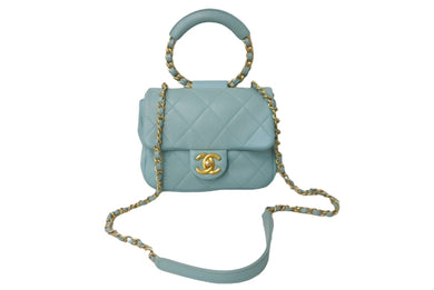 CHANEL シャネル マトラッセ18 トップハンドル チェーンショルダーバッグ 29番台 ライトブルー ゴールド金具 美品 中古 63720