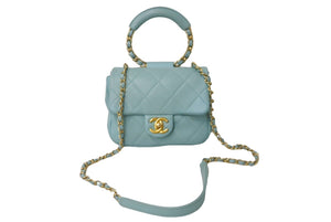 CHANEL シャネル マトラッセ18 トップハンドル チェーンショルダーバッグ 29番台 ライトブルー ゴールド金具 美品 中古 63720
