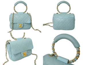 CHANEL シャネル マトラッセ18 トップハンドル チェーンショルダーバッグ 29番台 ライトブルー ゴールド金具 美品 中古 63720