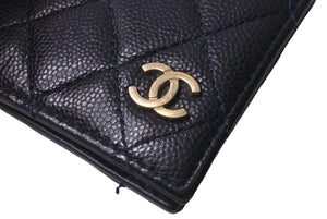 CHANEL シャネル マトラッセ キャビアスキン カードケース パスケース ネイビー 28番台 ゴールド金具 美品 中古 63780