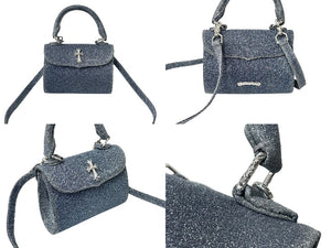 極美品 CHROME HEARTS クロムハーツ ADAMS アダムス クロス 2WAY ラメ ハンドバッグ ブルー シルバー 中古 63829