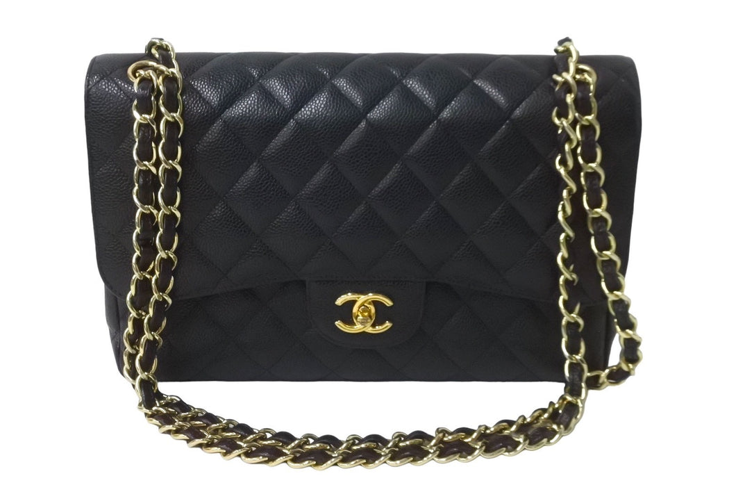 極美品 CHANEL シャネル チェーンショルダーバッグ マトラッセ30 キャビアスキン Wフラップ A58600 ブラック ゴールド 16番台 中古 63876
