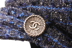 新品同様 CHANEL シャネル ココボタン キャスケット キャップ 帽子 ツイード ブルー ブラック シルバー金具 サイズM 中古 63907