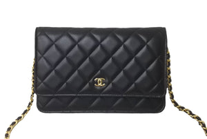 新品同様 CHANEL シャネル ショルダーバッグ マトラッセ チェーンウォレット ランダム ラムスキン ブラック ゴールド金具 中古 63918